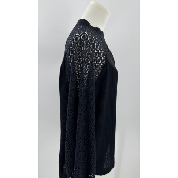 Free People Black Embroidered Lace Top Waffle Knit Shirt M Victorian Goth - Picture 3 of 7